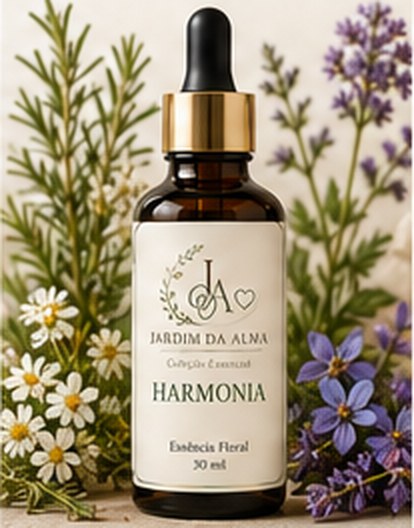 Frasco do floral Harmonia, da Coleção Essencial do Jardim da Alma, entre alecrim, camomila e lavanda