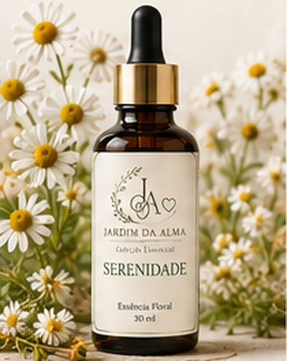 Frasco do floral Serenidade, da Coleção Essencial do Jardim da Alma, entre camomilas